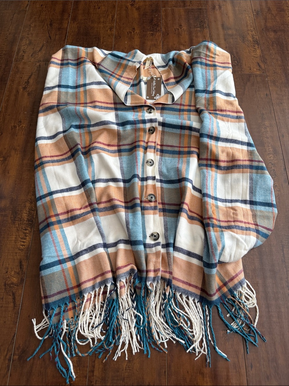 Matilda Jane Cream, Blue & Tan Plaid Button Poncho with Fringe